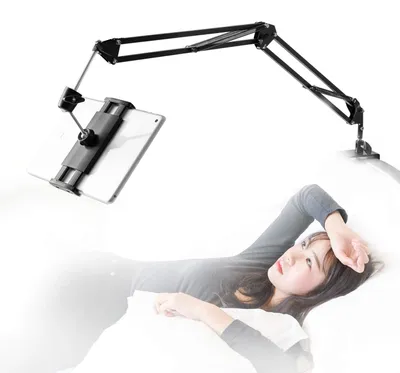 Produktbild von Elzusha - Tablet-Halter, 360 Grad schwenkbar - Tablet-Halter für das Bett - Verstellbarer Tablet-Halter - Aluminiumarm - Geeignet für Bildschirme von 4,5 bis 12,9 Zoll - Tablethalter