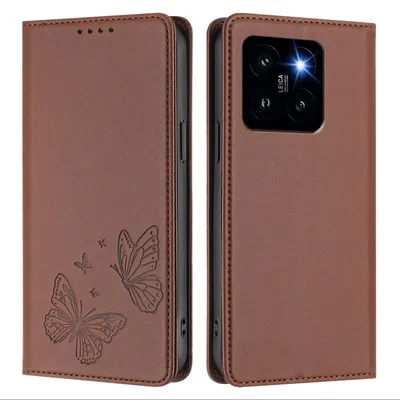 Produktbild von Lederhülle für Xiaomi 14 Pro, Schmetterling Prägung Leder Brieftasche Schutzhülle mit Ständer Braun