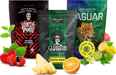 Image de Verde Mate, Yaguar, Guarani - Coffret de thé maté fruité 1,5 kg - Au guarana et aux fruits tropicaux - Intense, rafraîchissant - Lot de 3 x 500 g