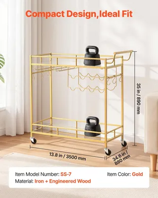 Productafbeelding van Barwagen, 2 niveaus, serveerwagen voor keuken en huis, moderne, mobiele hulpwagen op wielen, drankwagen met glazen planken, wijnbak, glazenhouder, geschikt voor woonkamer en eetkamer, goudkleurig