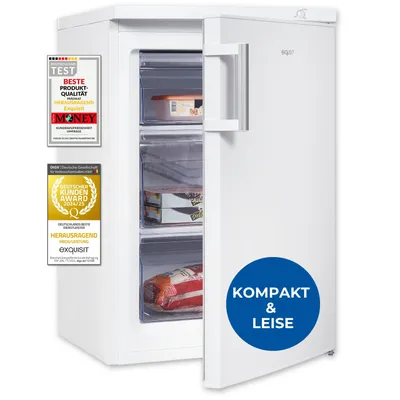 A white upright freezer with its door slightly ajar, revealing frozen food items inside. Several award badges are affixed to the left side of the freezer.