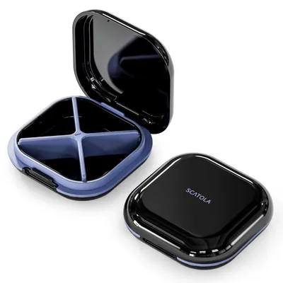 Produktbild von Pillendose Medikamentenbox Tablettenbox - 4 Fächer - Schwarz - 8 x 8 x 2,4 cm - Für Tasche und Reise