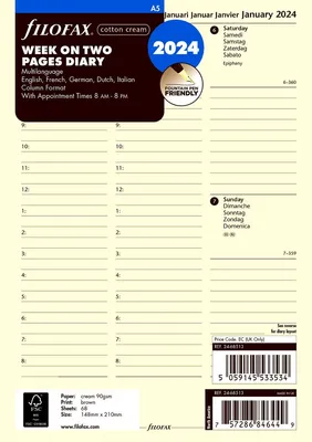 Image de FILOFAX Calendrier à insérer 2024 A5 1 semaine / 2 pages Coton cream 24-68513