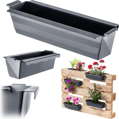 A collage of images showing dark gray plastic planters, some empty and some filled with plants, and a wooden pallet used as a vertical garden.