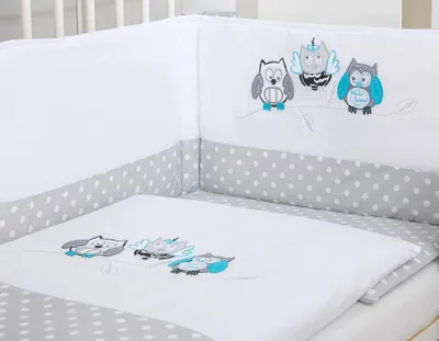 Produktbild von 3-teiliges Babybett-Set – Kinderbett-Set – 100 % Baumwolle, -, mit grauen Eulen