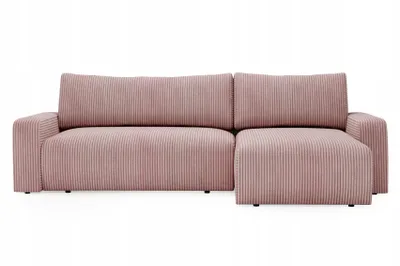 A pink corduroy sectional sofa shown from the front against a white background.