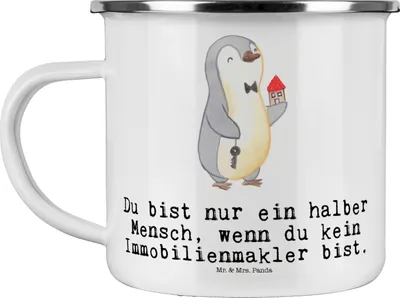 Produktbild von Mr. & Mrs. Panda Teetasse Immobilienmakler Herz - Weiß - Geschenk, Lustig, Emaille Tasse, Outdoor Becher, Kaffeepott, Haferl, Spruch, Teebecher, Ausbildung
