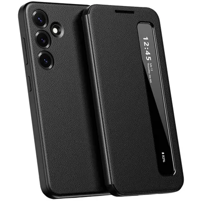 Image de Housse en cuirPolyuréthanepour Samsung Galaxy S25 FE, étui intelligent pour téléphone portable avec Smart Side Window Noir