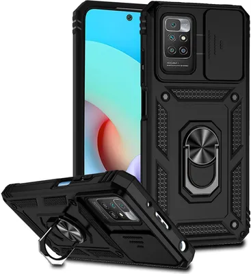 Produktbild von Redmi 10 Hülle mit Schiebe Kamera Schutz und Ringhalter Ständer Robust Rüstung Schutzhülle für Xiaomi Redmi 10 Schwarz