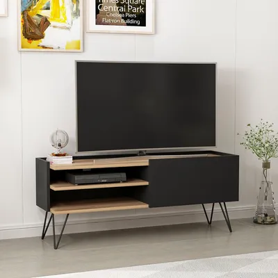 Image de Meuble TV Dronninglund - Meuble bas de salon - Meuble TV noir aspect bois avec porte