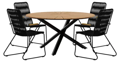 Produktbild von Mexico Gartenset Tisch Ø140 cm Natur 4 Stühle schwarz.
