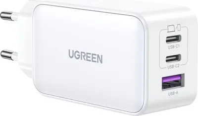A white UGREEN Nexode fast charger with multiple USB ports.