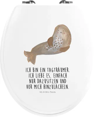 Produktbild von Mr. & Mrs. Panda Toilettendeckel Robbe Lachen - Weiß - Geschenk, Klodeckel, Gute Laune, Meerestier, Robben, klo deckel, Seehund, Strand, Holz Klobrille, WC Brille, Ostsee