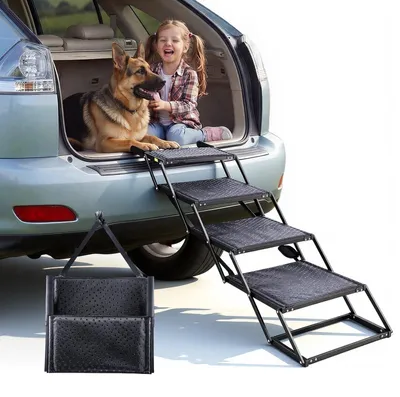 Produktbild von Hunderampe Auto - Klappbare Hundetreppe 4-stufig - Extra Breit - Rutschfeste Oberfläche - Tragkraft 113 kg - Für Große Hunde - Für Auto/SUV/LKW - Für Hochbett & Sofa