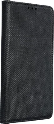 A black flip case for a smartphone, shown closed and standing upright.