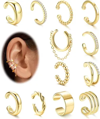 Productafbeelding van 12-delige Ear Cuff Set Dames - Verstelbare Nep Piercings Oorbellen Goud Kleur