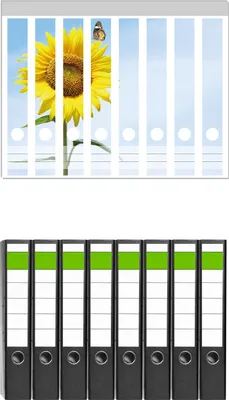 Produktbild von Wallario 8 Stück schmale Ordner inkl. Klebeetiketten mit Motive Sonnenblume mit Schmetterling -  Set mit Rückenschildern / Ordnerrücken Stickern