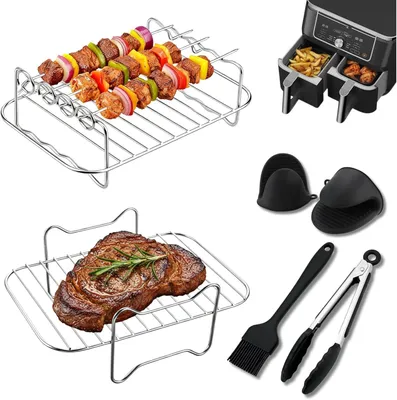 Immagine prodotto di Set di accessori per friggitrice ad aria, 10 pezzi, in acciaio inossidabile, con guanti in silicone, compatibile con friggitrici ad aria a doppia zona da 7,6-10,4 litri
