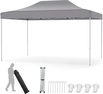 Obrázok produktu pre COSTWAY 3x4,5 m skladací altánok, výškovo nastaviteľný pop-up altánok s taškou na kolieskach, 4 laná, 8 kolíkov, záhradný altánok, párty stan, sivý