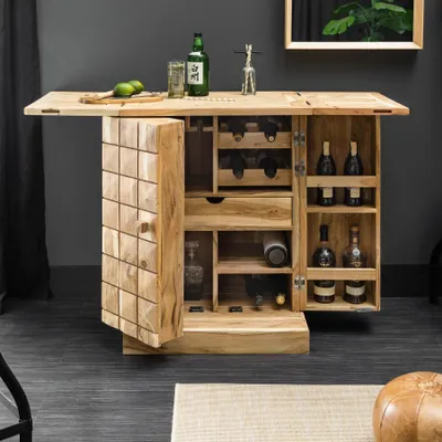 Produktbild von Handgearbeiteter Design Barschrank MOSAICO 130cm Akazie Massivholz 3D Effekt  Hausbar Weinschrank