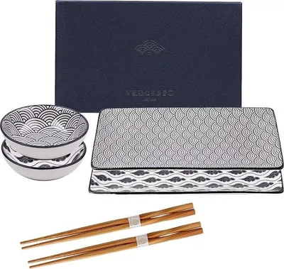 Imagen del producto de Juego de sushi de porcelana Haruka de Unyqoos®, 6 piezas: 2 platos de 26,8 x 14,7 x 2 cm, 2 recipientes para salsas de 70 ml, 2 palillos de 23 cm, color  y blanco, apto para microondas y lavavajillas