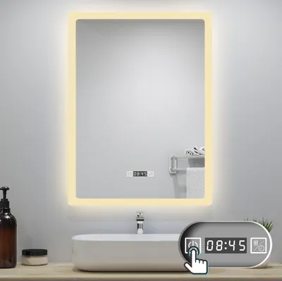 Produktbild von AICA LED Badspiegel 60x80cm Touch/Wandschalter Wandspiegel mit Uhr Beschlagfrei 3 Lichtfarbe Dimmbar Memory-Funktion IP44