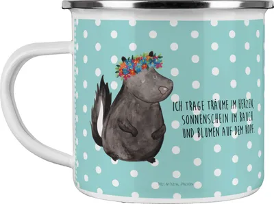 Produktbild von Mr. & Mrs. Panda Haferl Stinktier Mädchen - Türkis Pastell - Geschenk, Skunk, Wildtier, Yoga, becher emaille, Teetasse, Raubtier, Tasse, Motivtasse, Namaste