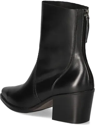 A black leather boot with a heel and a zipper on the back.
