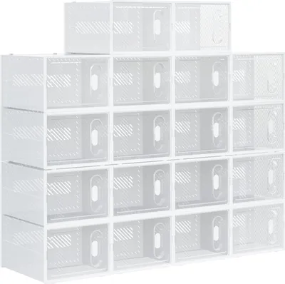 Zdjęcie produktu dla zestaw 18 pudełek na buty, organizer na buty z magnetycznymi drzwiczkami, pudełko na buty z pokrywką, plastikowe pudełko na buty, na buty do rozmiaru 45, przezroczysty + biały Aosom