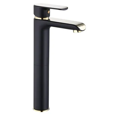 A black and gold faucet on a white background.