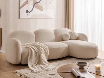 Produktbild von Nuvola - Moderne Ecksofa L-Form aus Hellbeige Bouclé-Stoff mit abgerundetem Design und hohem Sitzkomfort