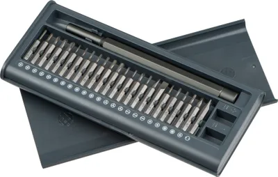 Produktbild von Werkzeugset mit 25 Präzisions-Schlitz-, Kreuz- und Torx-Bits aus Edelstahl