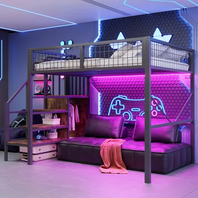 Image de Lit superposé en métal Merax, dimensions 140x200 cm, avec échelle de rangement, lit pour enfants avec éclairage LED et barrière de sécurité, hauteur libre de 144 cm, en bois, de couleur noire