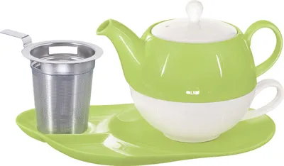 Produktbild von Buchensee Tea for one Set / Teeset Lena, Teekanne 500ml mit Sieb, Teetasse und Ablageteller, grün, Crystal Bone China Porzellan