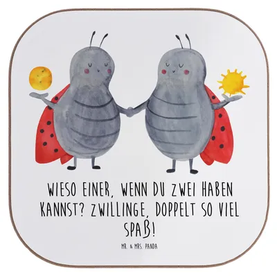 Produktbild von Mr. & Mrs. Panda Tischschoner Zwillinge Spaß - Weiß - Geschenk, Geschenke Sternzeichen, Tassenuntersetzer, Coaster, Horoskop, bieruntersetzer, lebhaft, Astrologie, feiern