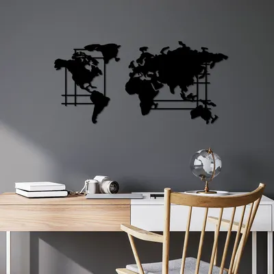 Image de Wallity, World Map - M, Accessoire mural décoratif en métal, 100 % METAL, noir, 70 x 33 cm