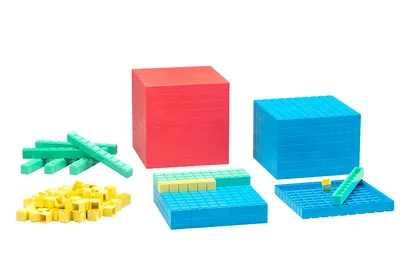 A collection of math manipulatives, including cubes and rods, arranged on a white background.