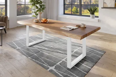 Produktbild von Baumkantentisch 200 x 110 cm Esstisch massiv Akazie Natur U-Gestell Weiß TITAN