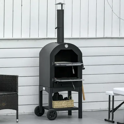 Produktbild von Pizzaofen Outdoor 2-in-1, Holzbackofen BBQ-Grill, Grillwagen mit Schornstein, Kohlenstoffstahl Schwarz | 63x54x161 cm | 25 kg | mit Pizzaschaufel