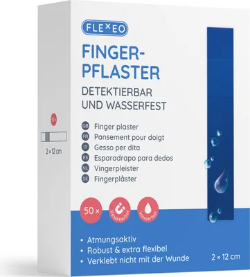Produktbild von FLEXEO Fingerpflaster detektierbar wasserfest blau 2 x 12 cm, 50 Pflaster