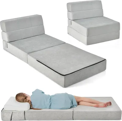 A collage of images showing a foldable sofa bed in different configurations, including a person sleeping on it.
