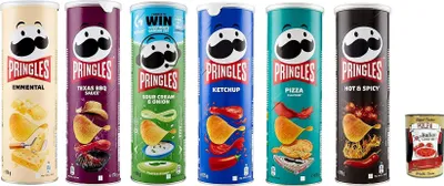 Produktbild von Pringles Variety Pack 6er, Emmental, Texas BBQ, Sour Cream & Onion, Ketchup, Pizza, Hot & Spicy, Stapelchips Party-Mix, wiederverschließbarer Deckel, knuspriger Snack 6× 175 g + Italian Gourmet polpa
