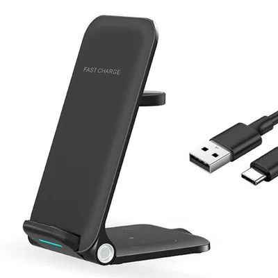 Produktbild von Faltbarer 3-in-1 Wireless Charger, 15W induktives Laden, Dual-Spule für Hoch- & Querformat, für Handy, Uhr & Earbuds, kompakt & sicher