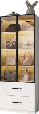 Produktbild von Merax Glasvitrine mit 2 Schubladen, mit Farbwechsel-LED, Hochschrank, Stehend Vitrinenschrank für Wohnzimmer Schlafzimmer, 60x40x160cm, Weiß