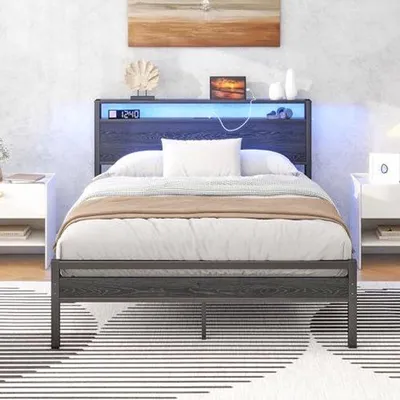 Productafbeelding van Metalen Bedframe 120 x 200 cm met Houten Hoofdeinde en USB Oplaadfunctie