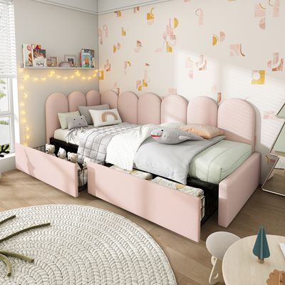 Flieks Polsterbett 90x200cm mit 2 Schubladen, Schlafsofa mit Lattenrost, Tagesbett Gästebett Stauraumbett Sofabett Kinderbett Jugendbett, Samt, Rosa