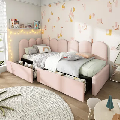 Produktbild von Flieks Polsterbett 90x200cm mit 2 Schubladen, Schlafsofa mit Lattenrost, Tagesbett Gästebett Stauraumbett Sofabett Kinderbett Jugendbett, Samt, Rosa