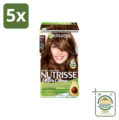 Imagen del producto de 5 unidades de Garnier Nutrisse Ultra Crème, tinte para el cabello 5.3, color castaño dorado claro, pack ahorro
