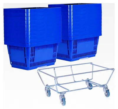 Produktbild von Sammelwagen mit 20 blauen Einkaufskörben und einem Volumen von 22 Litern | Rollwagen für Kunststoffkörbe | Stabiler Korbwagen
