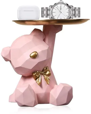 Produktbild von Bär-Skulptur mit Trayschale, rosa Tier-Skulptur, Schlüsselkommode, Schmuckaufbewahrungsbox für Wohnzimmer, Eingang, Büro, Bürodeko